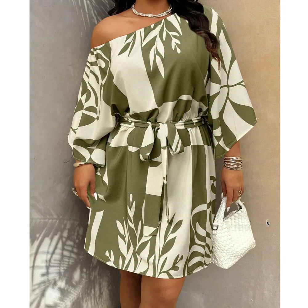 Plus Tropical Print One Shoulder Belted Batwing Sleeve Dress - Picture 8 of 9